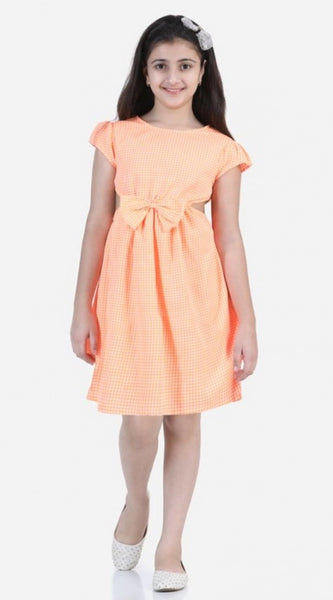 Mayawye Girl's Polyester Crepe Checkered Short Sleeve Round Neck Dress (Orange)
