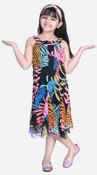 Mayawye Girl's Polyester Crepe Floral Printed Sleeveless Round Neck Dress (Multicolor)
