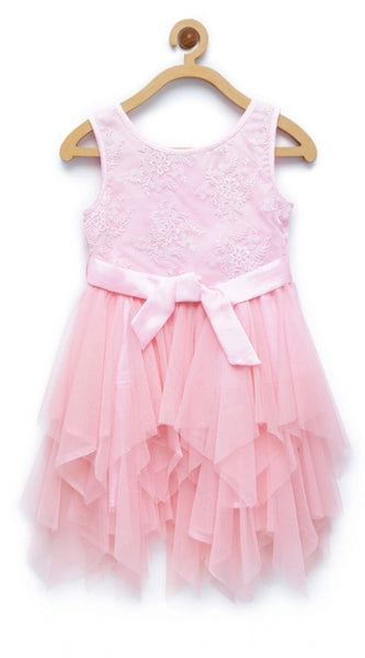Mayawye Girl's Polyester Net Floral Printed Sleeveless Round Neck Dress (Light Pink)