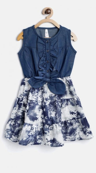 Mayawye Girl's Denim-Polyester Crepe Solid Sleeveless Round Neck Dress (Blue-White)