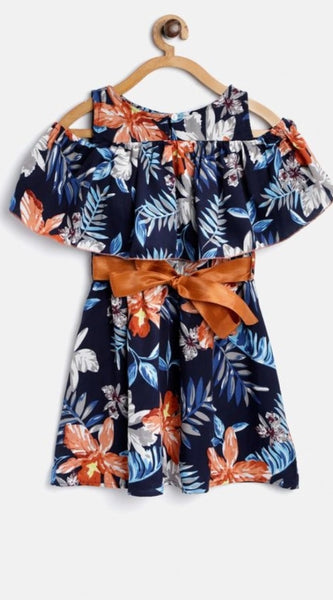 Mayawye Girl's Polyester Crepe Floral Printed Bell Sleeve Cold Shoulder Neck Dress (Multicolor)