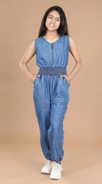 Mayawye Girl's Denim Solid Shoulder Straps V-Neck Dress (Blue)
