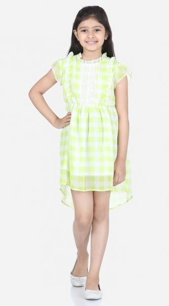 Mayawye Girl's Polyester Chiffon Solid Short Sleeve Round Neck Dress (Lime Green)