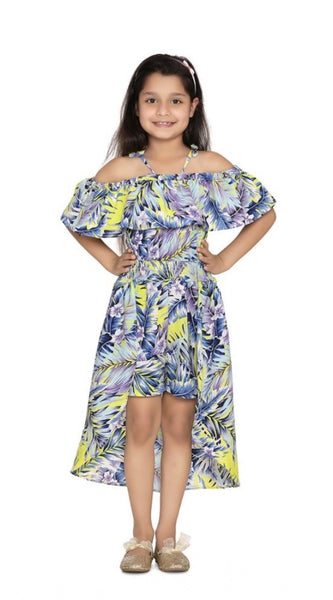 Mayawye Girl's Polyester Moss Printed Off Shoulder Straps Dress (Blue)