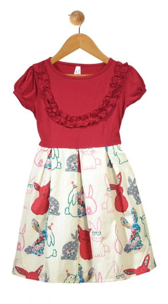Mayawye Girl's Cotton Printed Short Sleeve Round Neck Dress (Red-White)