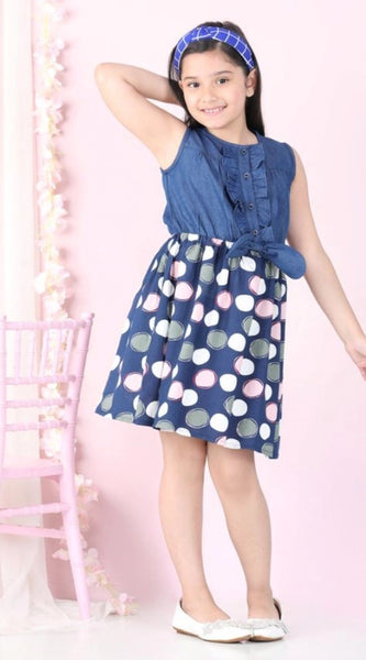 Mayawye Girl's Denim Rayon Printed Sleeveless Round Neck Dress (Blue)