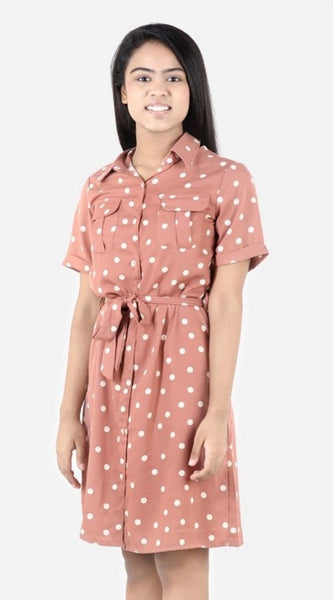 Mayawye Girl's Polyester Printed Short Sleeve Shirt collar Dress (Brown)
