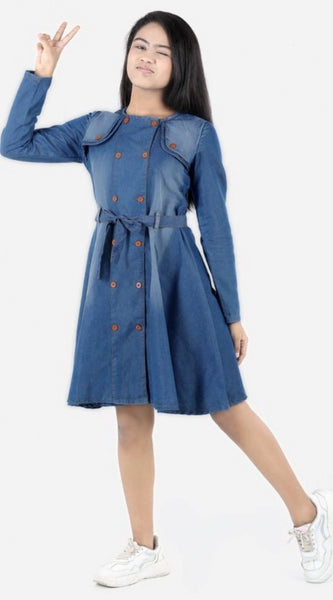 Mayawye Girl's Denim Solid Long Sleeve Round Neck Dress (Blue)