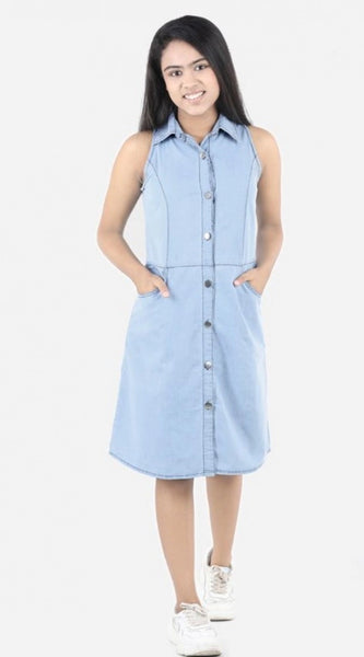 Mayawye Girl's Denim Solid Sleeveless Shirt collar Dress (Blue)