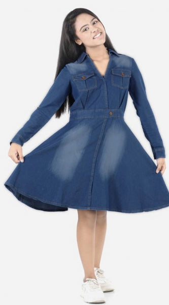 Mayawye Girl's Denim Solid Long Sleeve Shirt collar Dress (Blue)