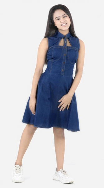 Mayawye Girl's Denim Solid Sleeveless Shirt collar Dress (Blue)