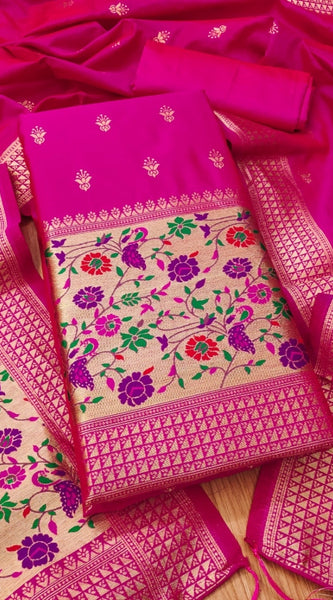 Mayawye Women's Banarasi Silk Printed Unstitched Salwar Suit Material With Dupatta (Pink, 3Mtrs)