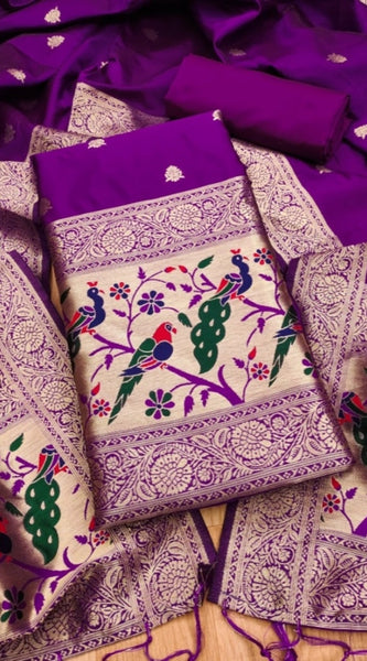 Mayawye Women's Banarasi Silk Printed Unstitched Salwar Suit Material With Dupatta (Purple, 3Mtrs)