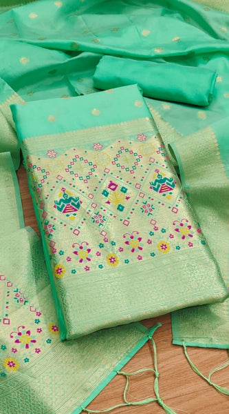 Mayawye Women's Banarasi Silk Printed Unstitched Salwar Suit Material With Dupatta (Sea Green, 3Mtrs)