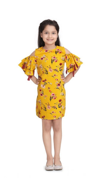 Mayawye Girl's Polyester Crepe Floral Printed Long Sleeve Round Neck Dress (Yellow)
