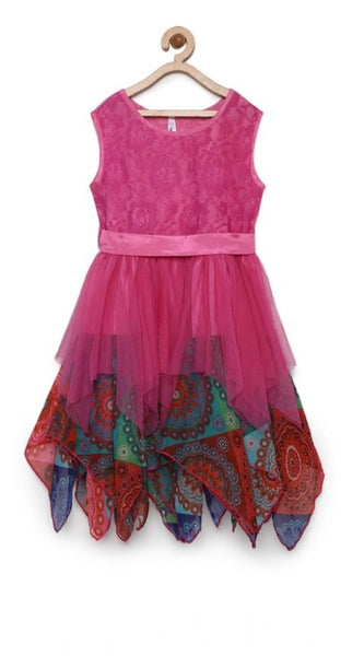 Mayawye Girl's Polyester Net Floral Printed Sleeveless Round Neck Dress (Multicolor)