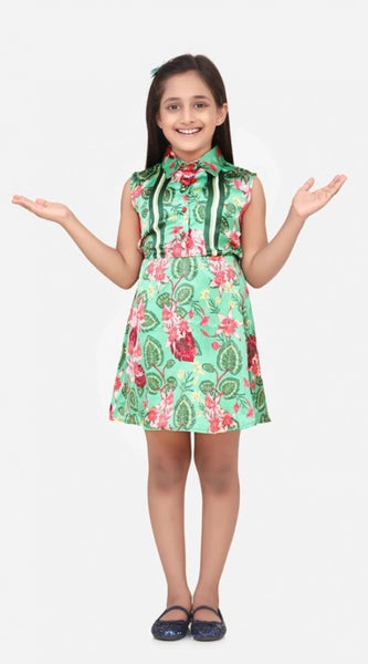 Mayawye Girl's Satin Floral Printed Sleeveless Shirt Collar Dress (Multicolor)