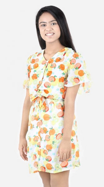 Mayawye Girl's Polyester Printed Short Sleeve V-Neck Dress (Yellow-Orange)