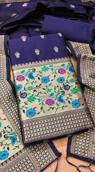Mayawye Women's Banarasi Silk Printed Unstitched Salwar Suit Material With Dupatta (Navy Blue, 3Mtrs)