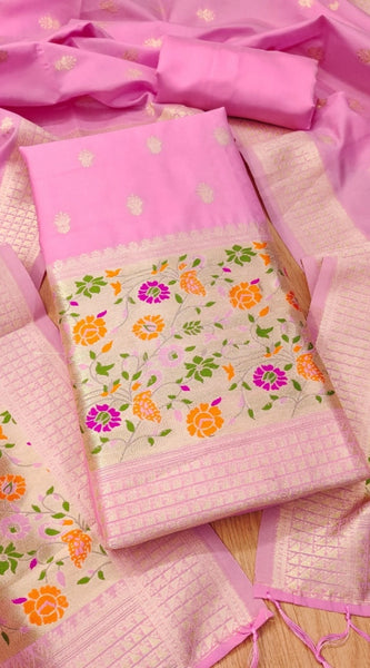 Mayawye Women's Banarasi Silk Printed Unstitched Salwar Suit Material With Dupatta (Light Pink, 3Mtrs)