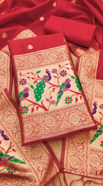 Mayawye Women's Banarasi Silk Printed Unstitched Salwar Suit Material With Dupatta (Red, 3Mtrs)