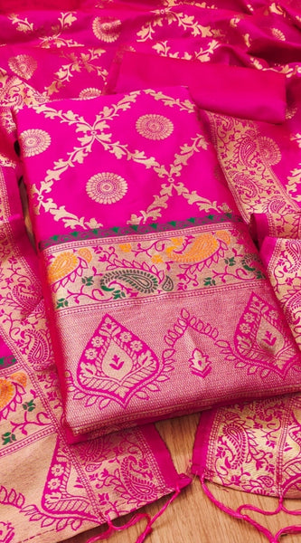 Mayawye Women's Banarasi Silk Printed Unstitched Salwar Suit Material With Dupatta (Pink, 3Mtrs)