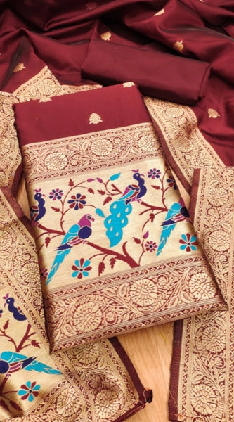 Mayawye Women's Banarasi Silk Printed Unstitched Salwar Suit Material With Dupatta (Maroon, 3Mtrs)