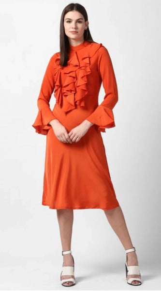 Mayawye Women's Polyester Ruffled Close Neck Long Sleeves Dress (Orange)