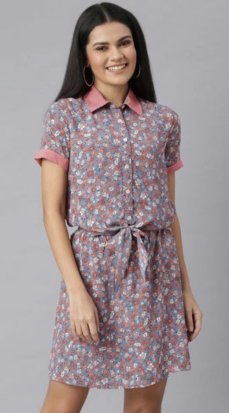 Mayawye Women's Polyester Moss Floral Collar Neck Short Sleeve Dress (Grey-Red)