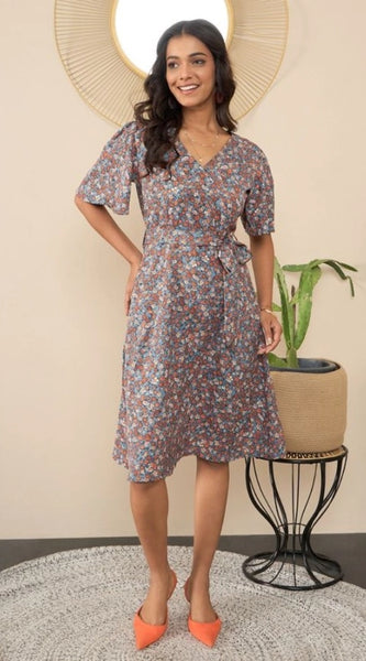 Mayawye Women's Polyester Moss Floral V-Neck Bell Sleeve Dress (Grey)