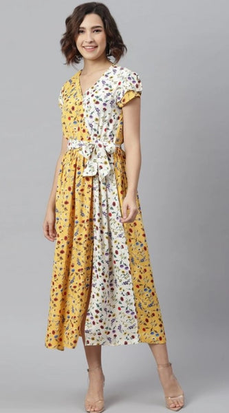 Mayawye Women's Polyester Floral V-Neck Short Sleeve Dress (Yellow-White)