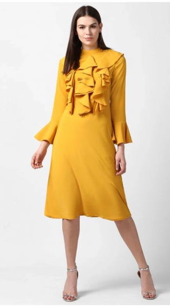 Mayawye Women's Polyester Ruffled Close Neck Long Sleeves Dress (Yellow)