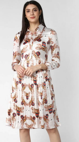 Mayawye Women's Polyester Pleated Collar Neck Long Sleeves Dress (White)