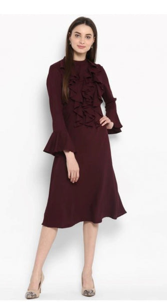 Mayawye Women's Polyester Ruffled Close Neck Bell Sleeve Dress (Maroon)