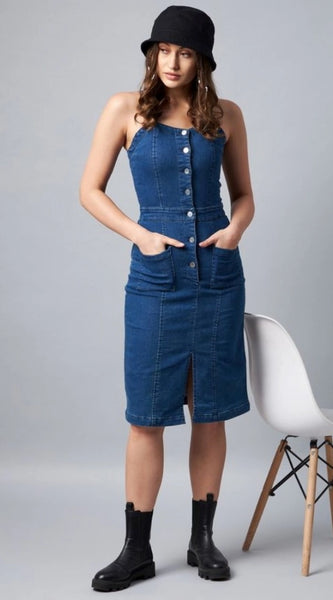 Mayawye Women's Denim Lycra Solid Square Neck Shoulder Straps Dress (Blue)
