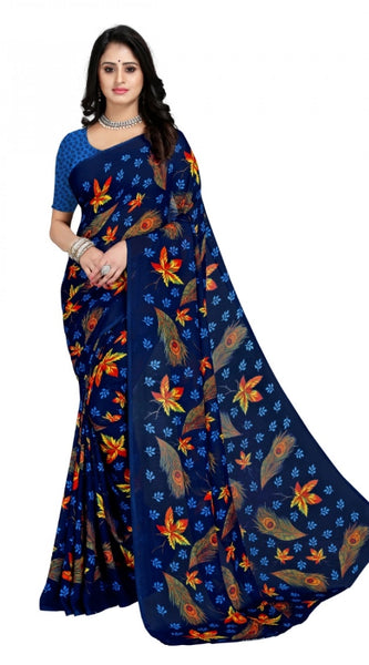 Mayawye Women's Faux Georgette Printed Saree With Unstitched Blouse 5.5Mtr (Blue)