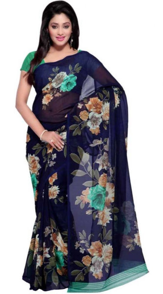 Mayawye Women's Faux Georgette Printed Saree With Unstitched Blouse 5.5Mtr (Blue)