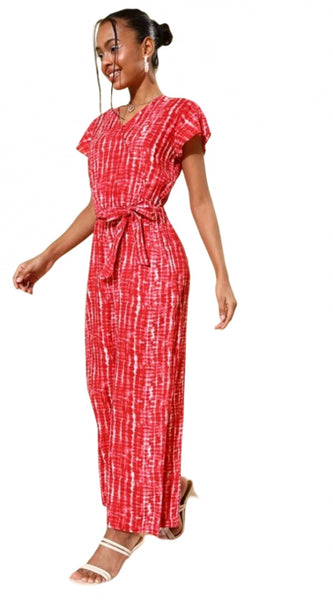 Mayawye Women's Rayon Tie & Dye Short Sleeve Jumpsuit (Red)