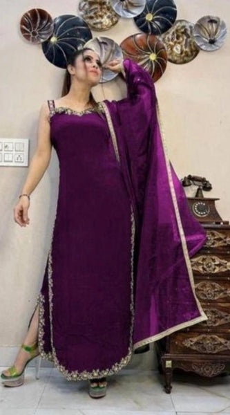 Mayawye Women's Georgette Embroidery Sleeveless Round Neck Kurti, Palazzo And Dupatta Set (Wine)