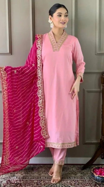 Mayawye Women's Roman Silk Embroidery 3-4th Sleeve V-Neck Kurti With Pant Dupatta Set (Pink)
