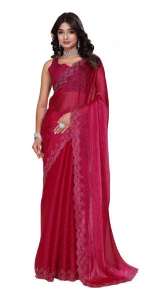 Mayawye Women's Jimmy choo Embellished Bollywood Saree With Unstitched Blouse 5.5Mtr (Red)