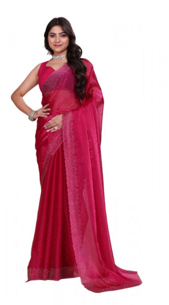 Mayawye Women's Jimmy choo Embellished Bollywood Saree With Unstitched Blouse 5.5Mtr (Red)