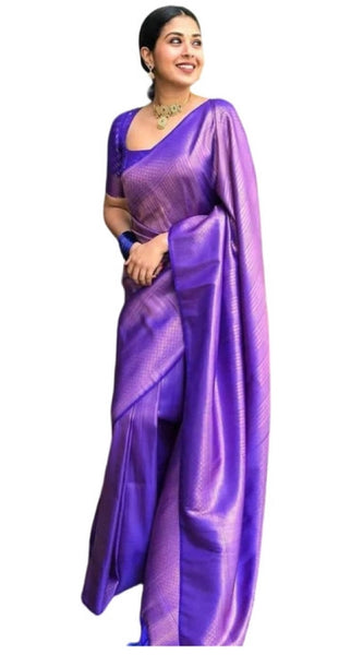 Mayawye Women's Litchi silk Printed Saree With Unstitched Blouse (Purple)