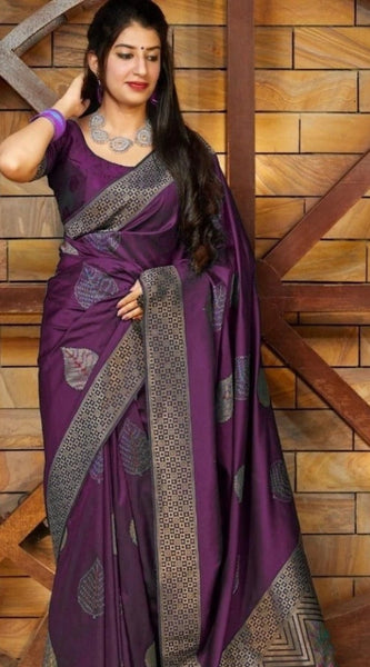 Mayawye Women's Litchi silk Printed Saree With Unstitched Blouse (Purple)