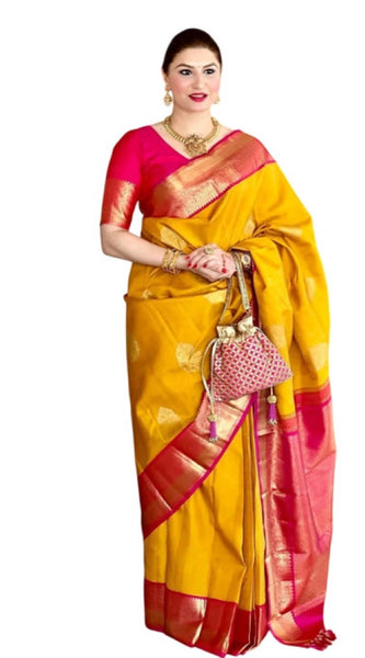 Mayawye Women's Litchi silk Printed Saree With Unstitched Blouse (Yellow)