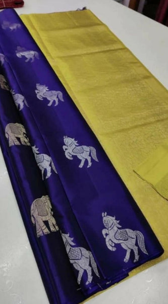 Mayawye Women's Litchi silk Printed Saree With Unstitched Blouse (Navy Blue With Yellow)