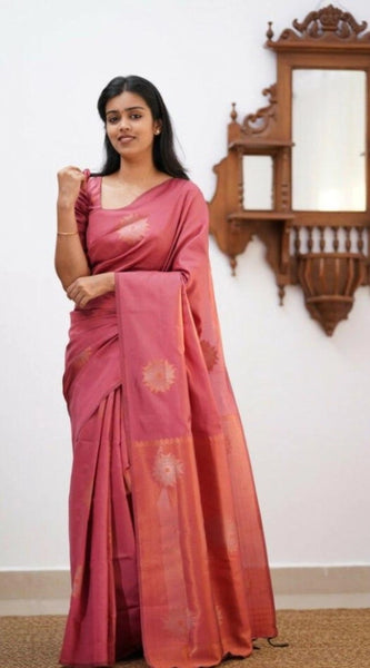 Mayawye Women's Litchi silk Printed Saree With Unstitched Blouse (Peach)
