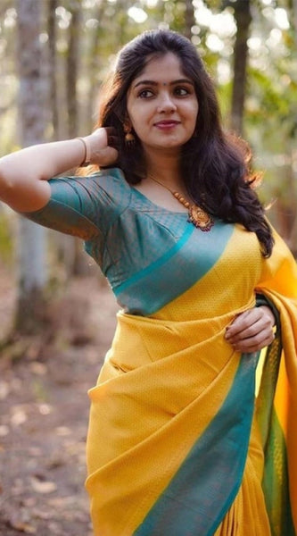 Mayawye Women's Litchi silk Printed Saree With Unstitched Blouse (Yellow)