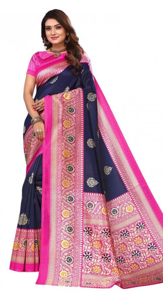 Mayawye Women's Litchi silk Printed Saree With Unstitched Blouse 5-6 Mtrs (Navy Blue)
