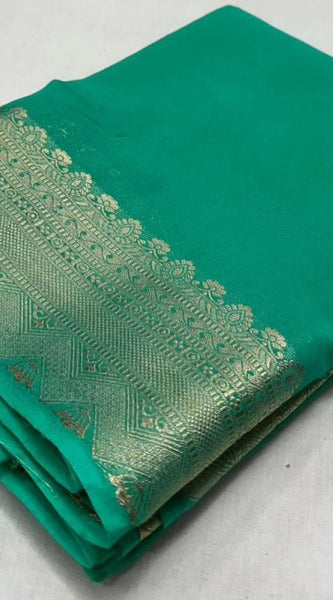 Mayawye Women's Crepe Chit Pallu Solid Saree With Unstitched Blouse 5.5Mtr (Turquoise Green)